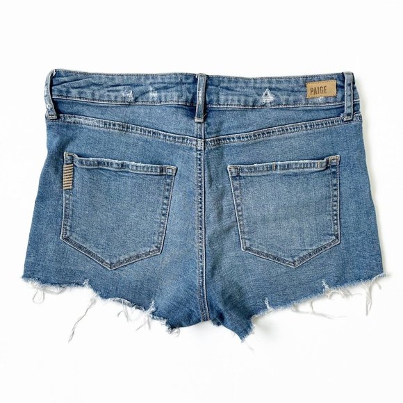 Paige Denim Cut Off Jean Shorts Size 28 Stretchy Raw Hem Frayed Distressed Beach - Picture 2 of 16